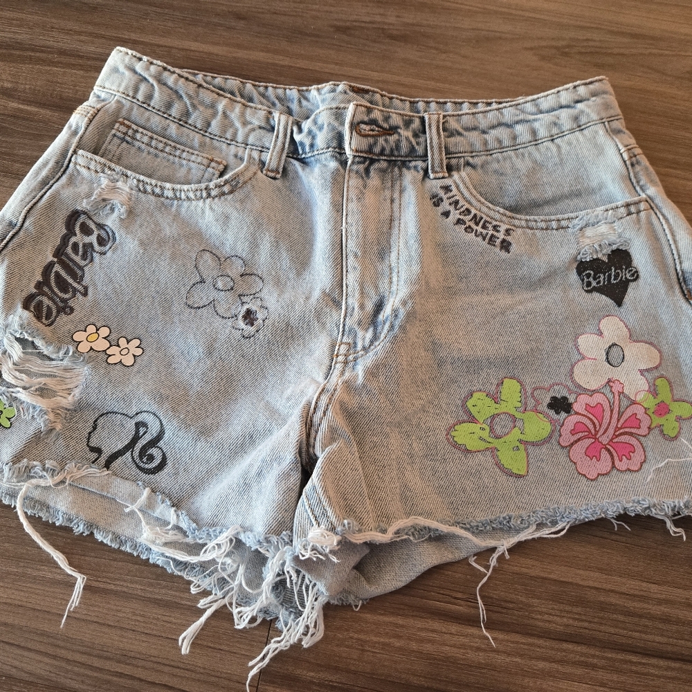 Forever 21 Barbie Denim Jean Shorts with Floral & Barbie Patches